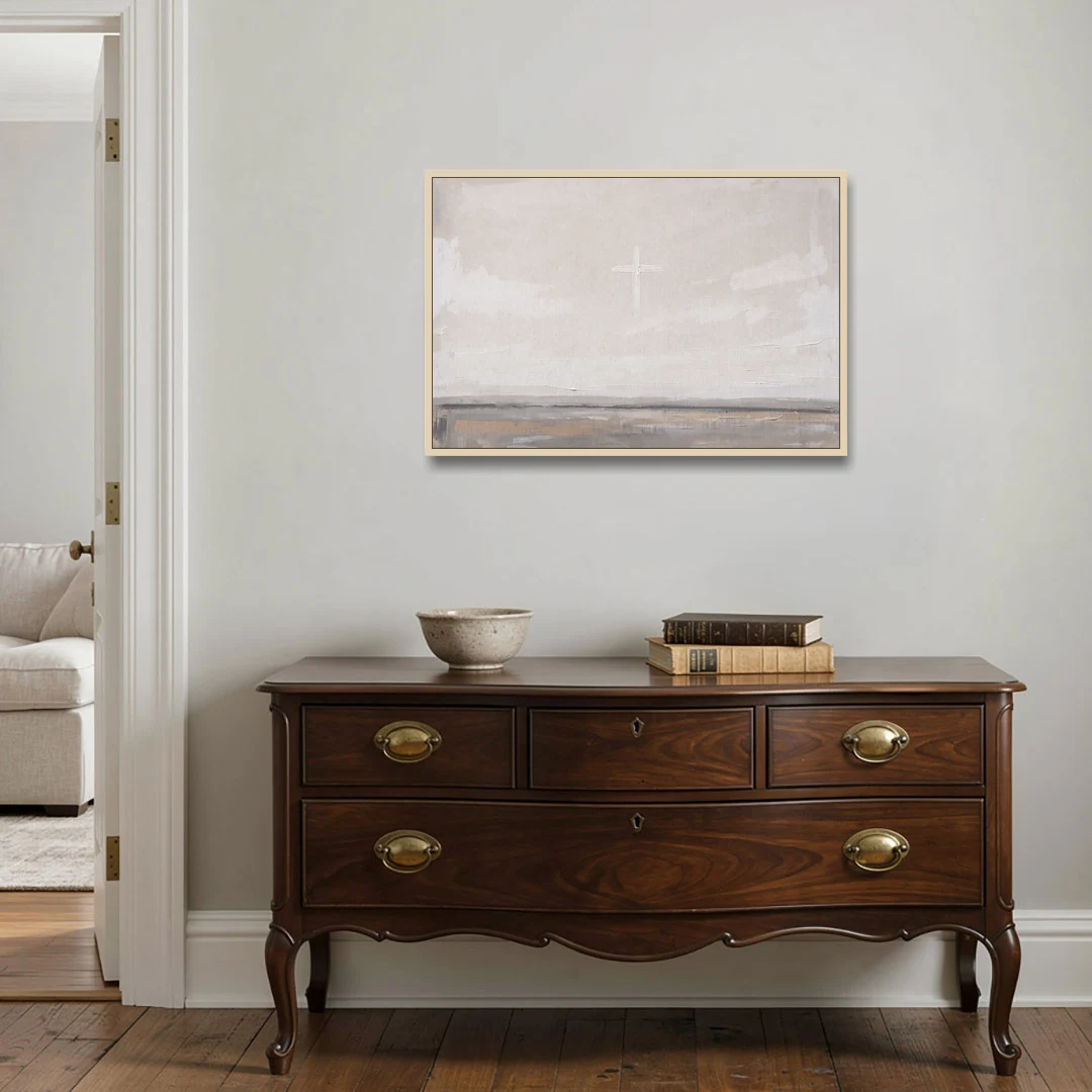 Minimalist Christian Wall Art with a Misty Cross - Oak Framed Canvas Wall Art - Coffee Table - 36x24