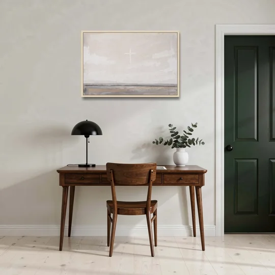 Minimalist Christian Wall Art with a Misty Cross - Oak Framed Canvas Wall Art - Office - 36x24
