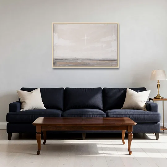 Minimalist Christian Wall Art with a Misty Cross - Oak Framed Canvas Wall Art - Sofa - 36x24