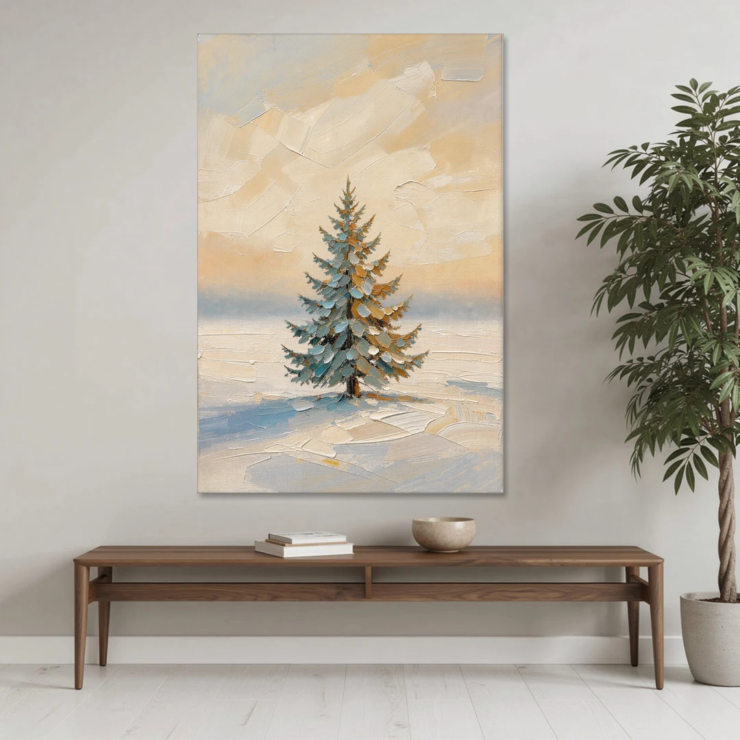Neutral Minimalist Christmas Tree Art on Ivory Snow - Canvas Wall Art - Coffee Table - 40x60