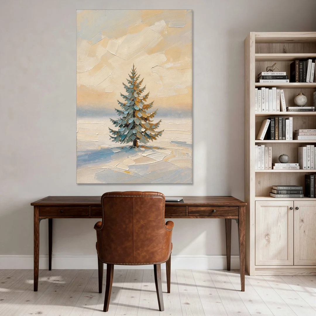 Neutral Minimalist Christmas Tree Art on Ivory Snow - Canvas Wall Art - Office - 40x60