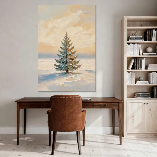 Neutral Minimalist Christmas Tree Art on Ivory Snow - Canvas Wall Art - Office - 40x60