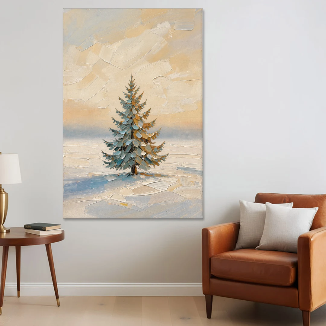 Neutral Minimalist Christmas Tree Art on Ivory Snow - Canvas Wall Art - Sofa - 40x60