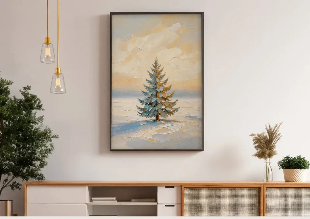 Neutral Minimalist Christmas Tree Art on Ivory Snow canvas wall art above a wooden sideboard under pendant lights
