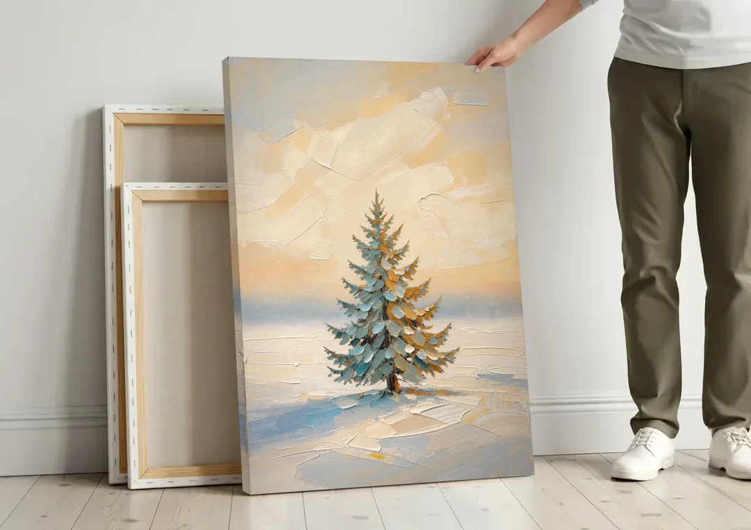 Neutral Minimalist Christmas Tree Art on Ivory Snow canvas wall art leaning against a wall next to blank canvases