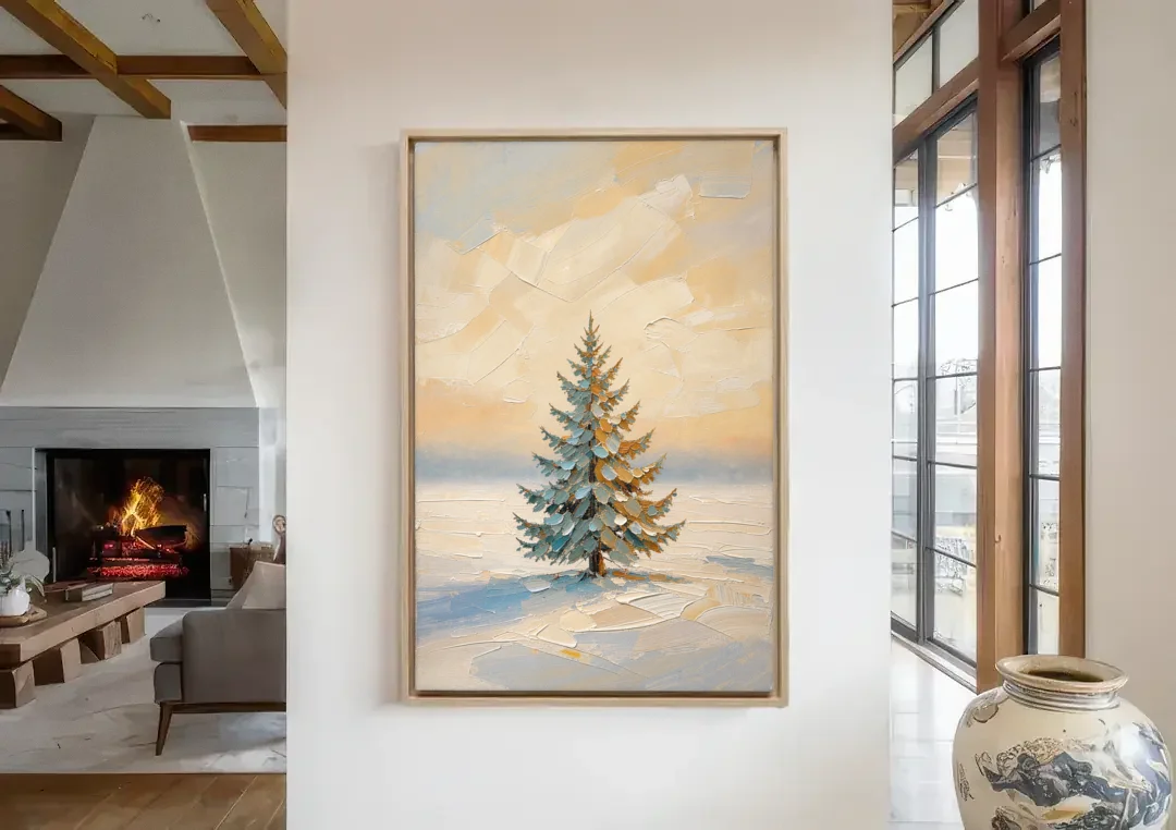 Neutral Minimalist Christmas Tree Art on Ivory Snow canvas wall art in a living room with a fireplace