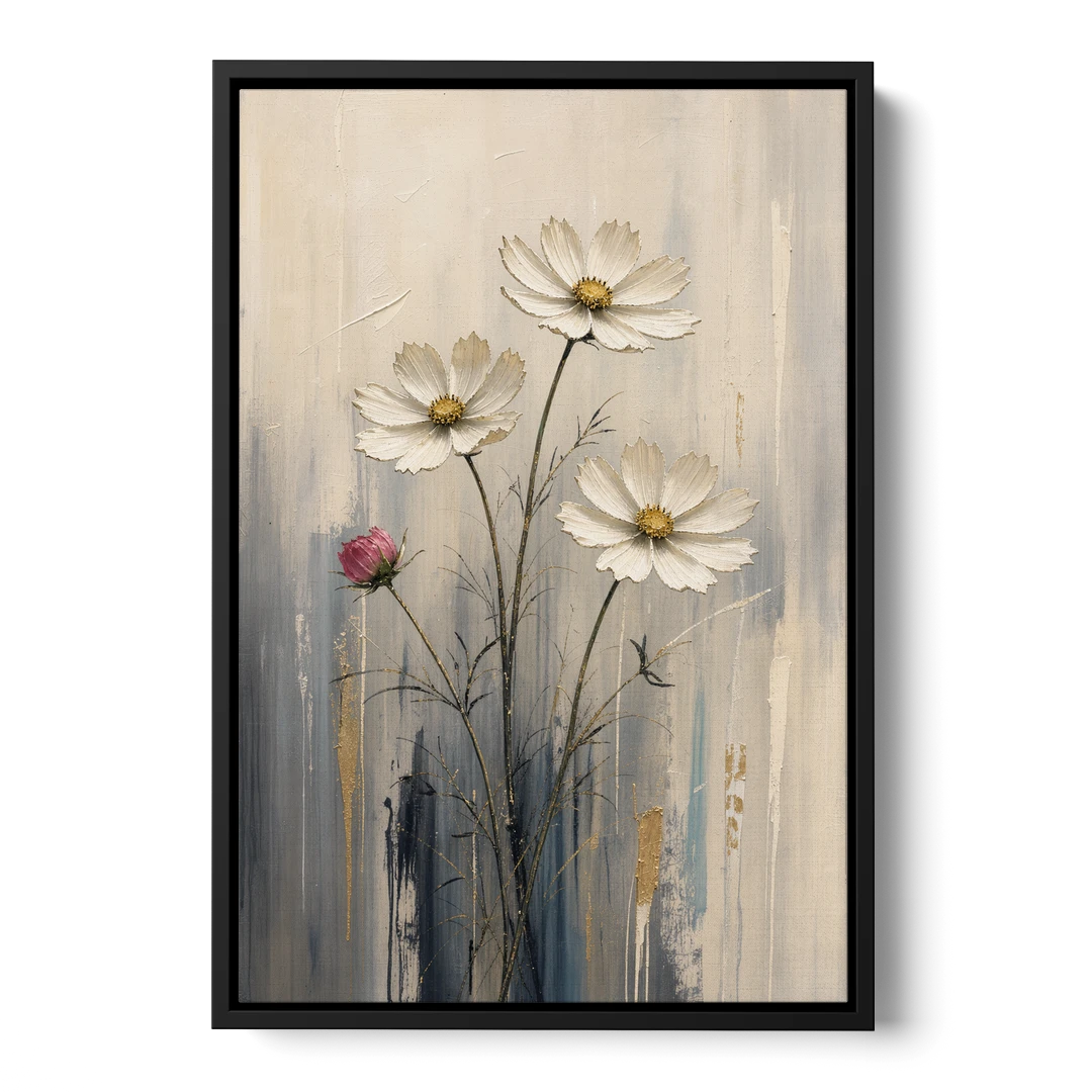 Minimalist Floral Wall Art with White Cosmos - Black Framed Canvas Wall Art - Front