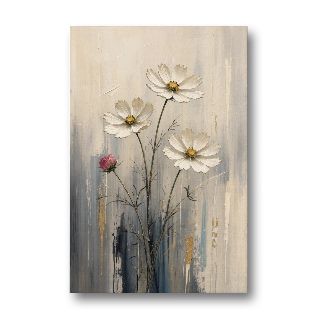 Minimalist Floral Wall Art with White Cosmos - Canvas Wall Art - Front