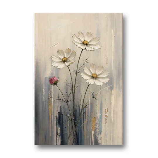 Minimalist Floral Wall Art with White Cosmos - Canvas Wall Art - Front