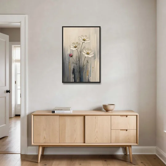 Minimalist Floral Wall Art with White Cosmos - Black Framed Canvas Wall Art - Coffee Table - 24x36