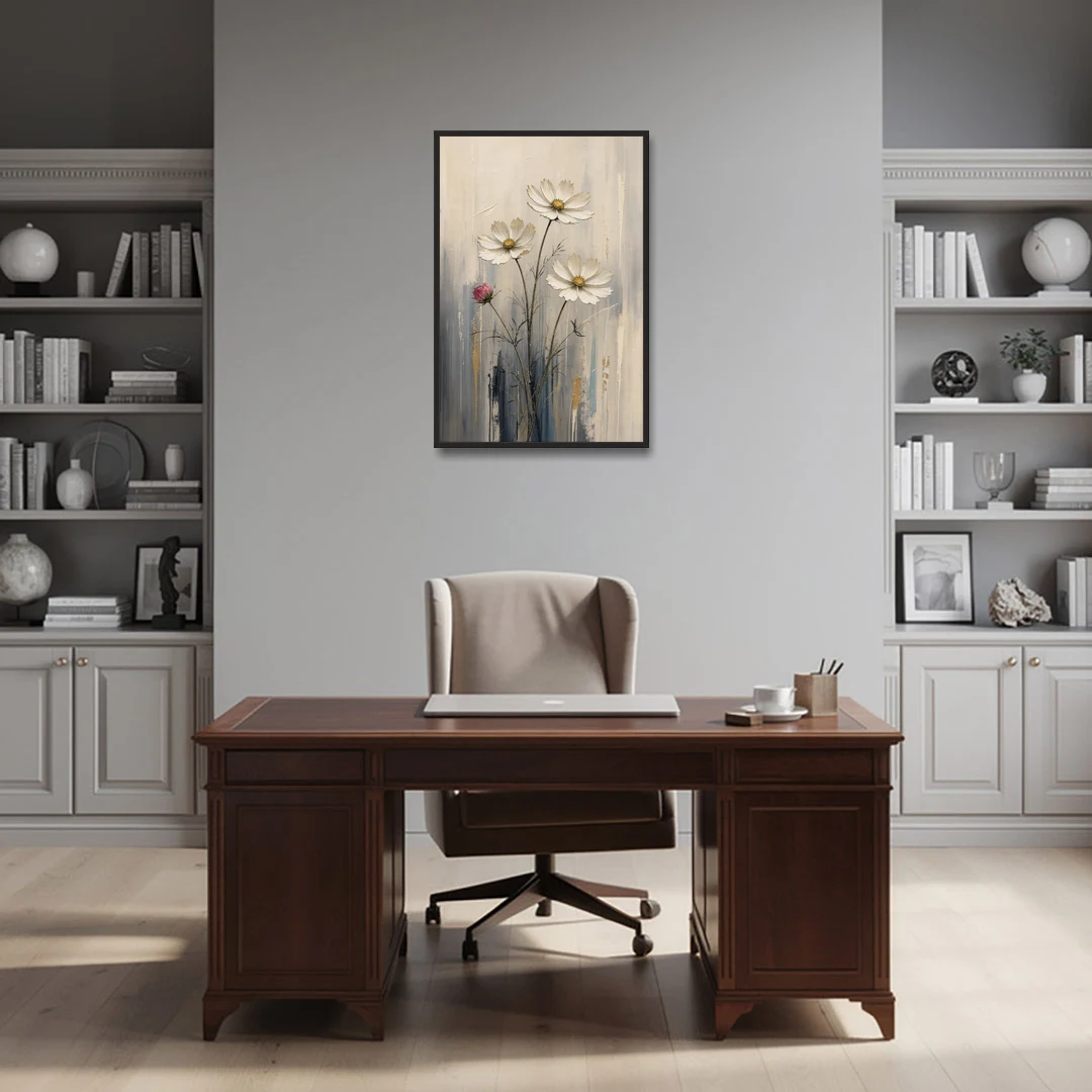 Minimalist Floral Wall Art with White Cosmos - Black Framed Canvas Wall Art - Office - 24x36