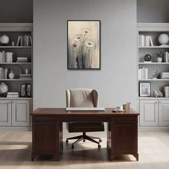 Minimalist Floral Wall Art with White Cosmos - Black Framed Canvas Wall Art - Office - 24x36