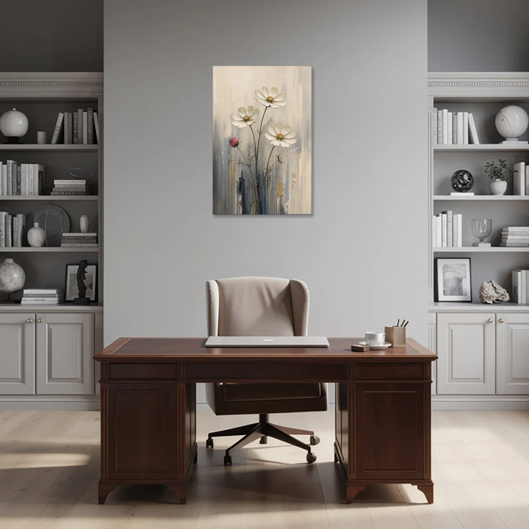 Minimalist Floral Wall Art with White Cosmos - Canvas Wall Art - Office - 24x36