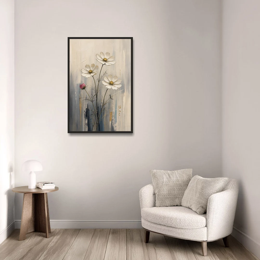 Minimalist Floral Wall Art with White Cosmos - Black Framed Canvas Wall Art - Sofa - 24x36