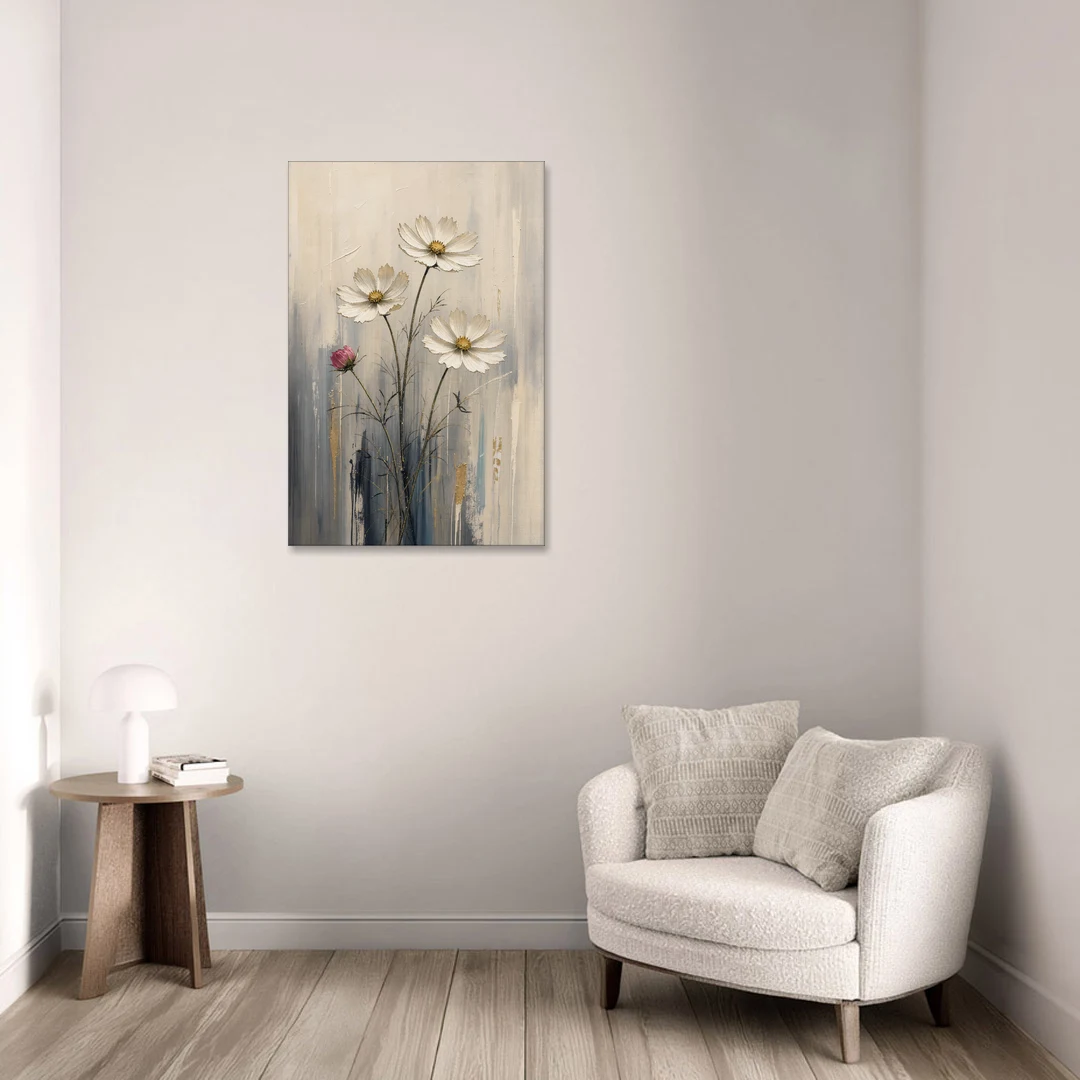 Minimalist Floral Wall Art with White Cosmos - Canvas Wall Art - Sofa - 24x36