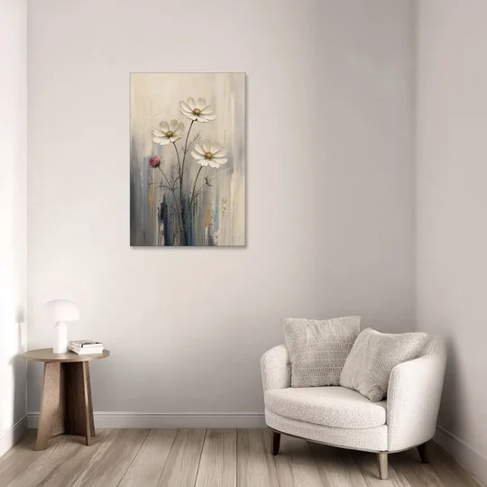 Minimalist Floral Wall Art with White Cosmos - Canvas Wall Art - Sofa - 24x36