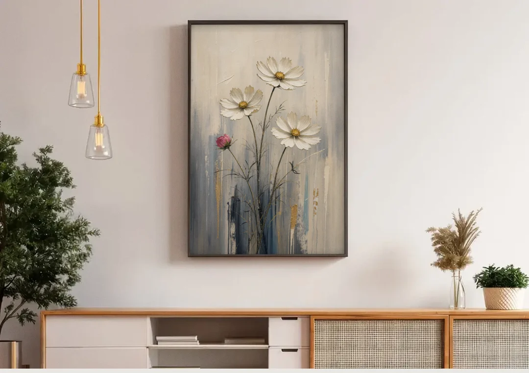 Minimalist Floral Wall Art with White Cosmos canvas wall art above a wooden sideboard under pendant lights