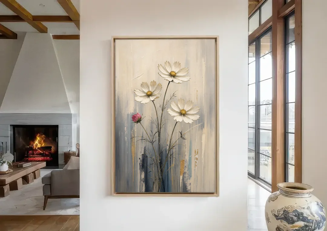 Minimalist Floral Wall Art with White Cosmos canvas wall art in a living room with a fireplace