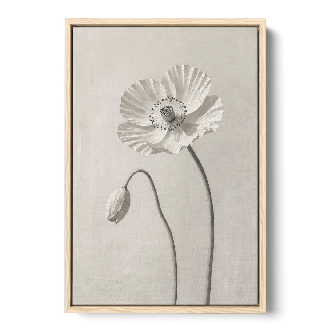 Minimalist Flower Wall Art of a Poppy and Bud - Oak Framed Canvas Wall Art - Front