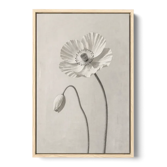 Minimalist Flower Wall Art of a Poppy and Bud - Oak Framed Canvas Wall Art - Front