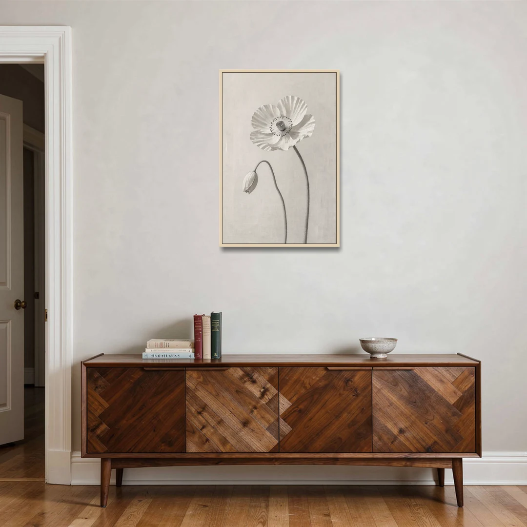 Minimalist Flower Wall Art of a Poppy and Bud - Oak Framed Canvas Wall Art - Coffee Table - 24x36
