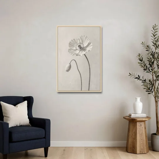 Minimalist Flower Wall Art of a Poppy and Bud - Oak Framed Canvas Wall Art - Sofa - 24x36