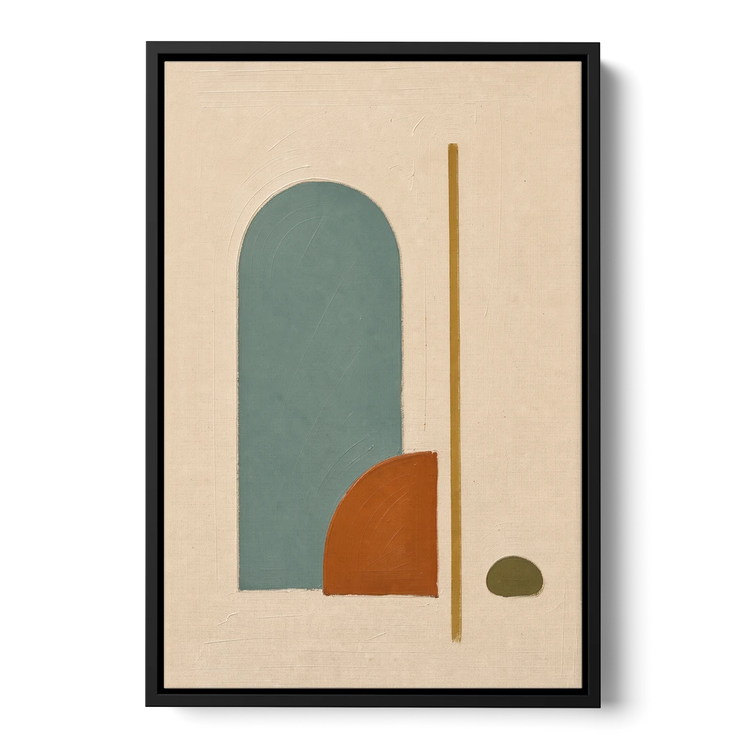 Minimalist Geometric Teal Arch with Terracotta Half-Circle - Black Framed Canvas Wall Art - Front