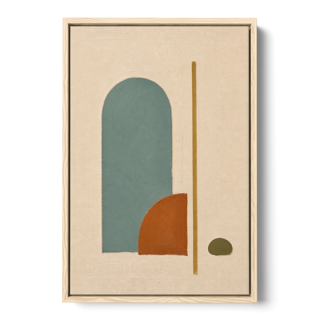 Minimalist Geometric Teal Arch with Terracotta Half-Circle - Oak Framed Canvas Wall Art - Front