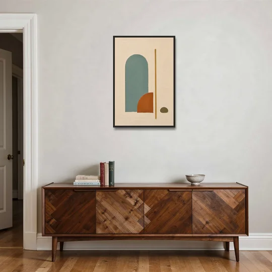 Minimalist Geometric Teal Arch with Terracotta Half-Circle - Black Framed Canvas Wall Art - Coffee Table - 24x36