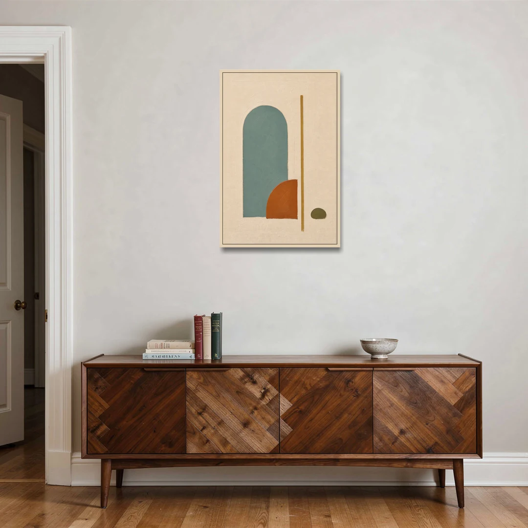 Minimalist Geometric Teal Arch with Terracotta Half-Circle - Oak Framed Canvas Wall Art - Coffee Table - 24x36