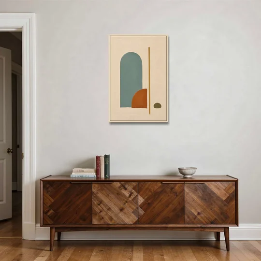 Minimalist Geometric Teal Arch with Terracotta Half-Circle - Oak Framed Canvas Wall Art - Coffee Table - 24x36