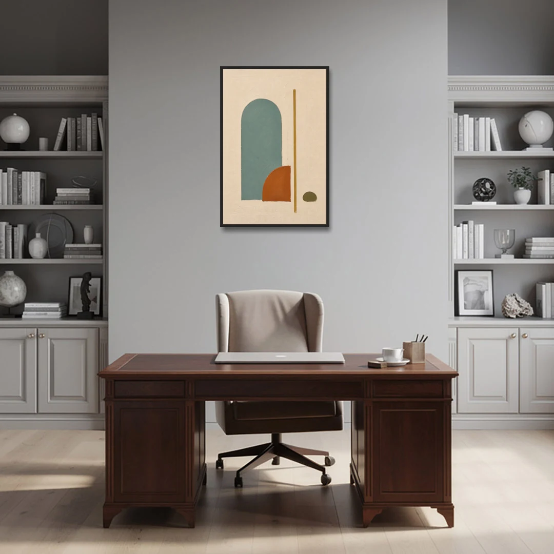Minimalist Geometric Teal Arch with Terracotta Half-Circle - Black Framed Canvas Wall Art - Office - 24x36