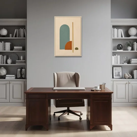 Minimalist Geometric Teal Arch with Terracotta Half-Circle - Oak Framed Canvas Wall Art - Office - 24x36