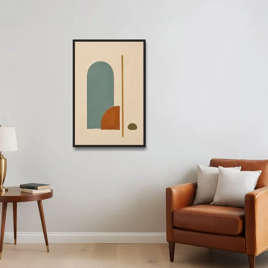 Minimalist Geometric Teal Arch with Terracotta Half-Circle - Black Framed Canvas Wall Art - Sofa - 24x36