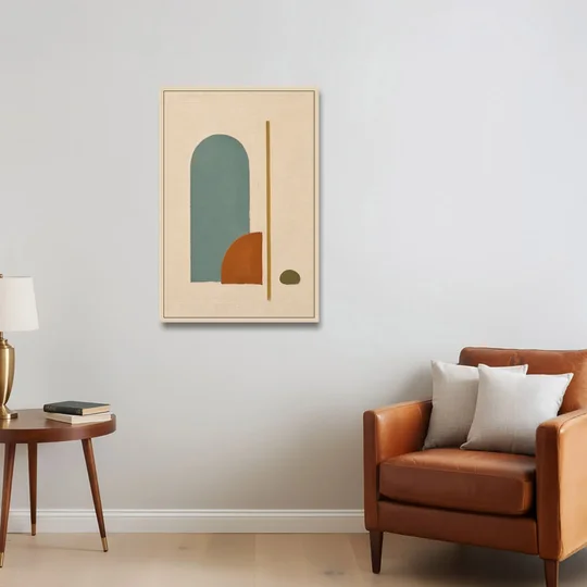 Minimalist Geometric Teal Arch with Terracotta Half-Circle - Oak Framed Canvas Wall Art - Sofa - 24x36