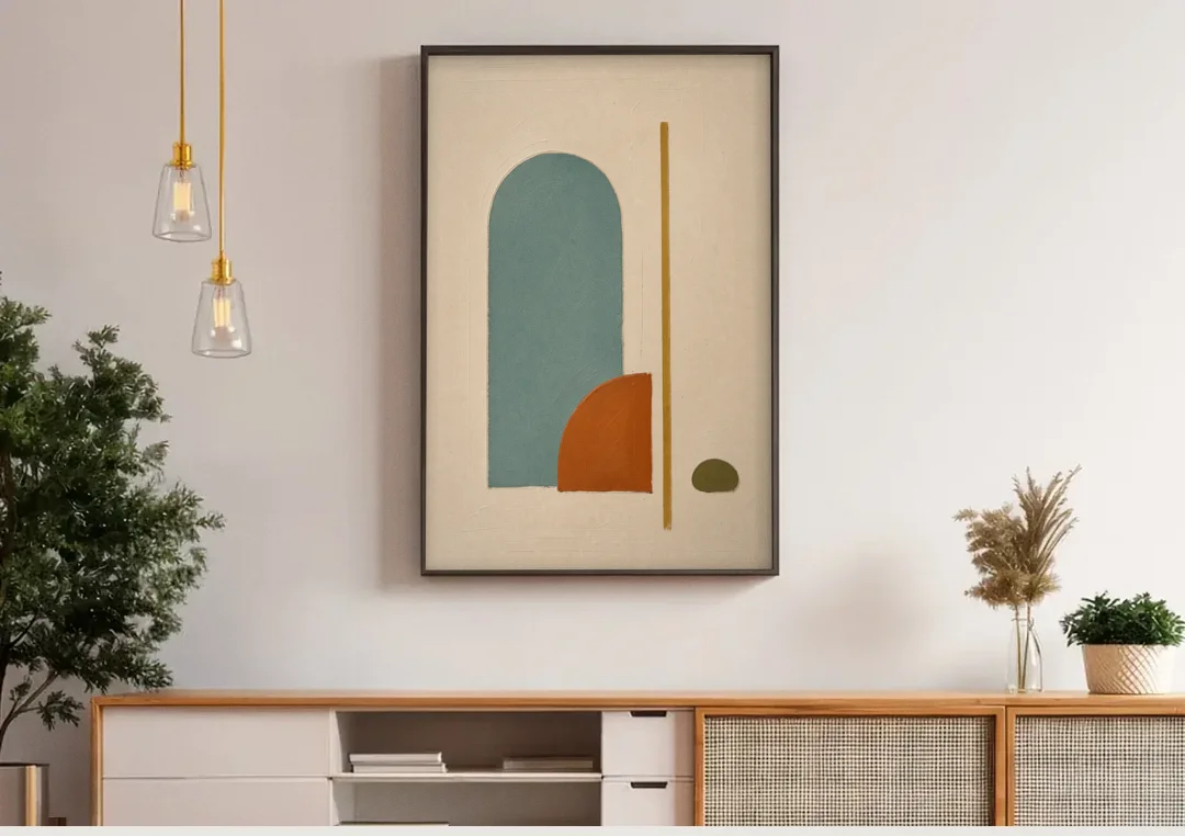 Minimalist Geometric Teal Arch with Terracotta Half-Circle canvas wall art above a wooden sideboard under pendant lights