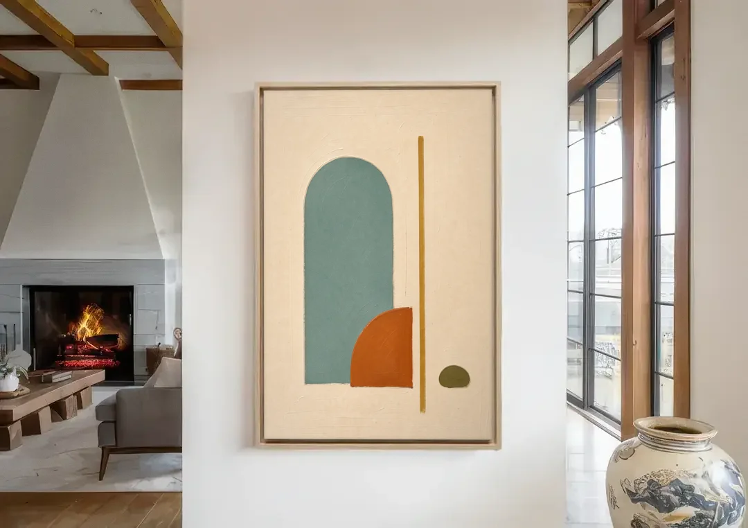 Minimalist Geometric Teal Arch with Terracotta Half-Circle canvas wall art in a living room with a fireplace