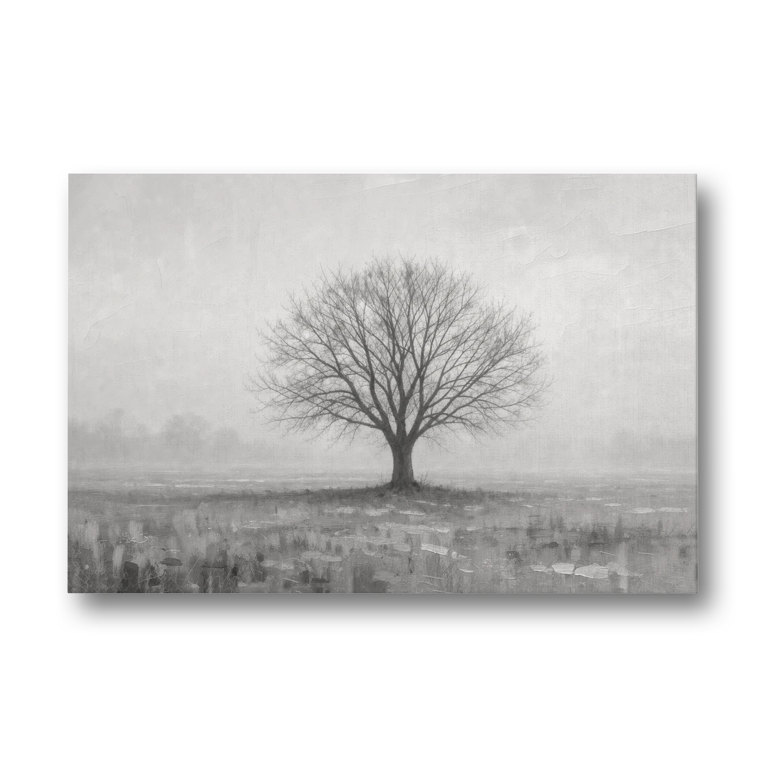 Minimalist Landscape Painting of a Lone Tree in Fog - Canvas Wall Art - Front