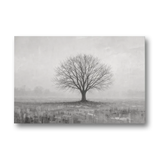 Minimalist Landscape Painting of a Lone Tree in Fog - Canvas Wall Art - Front
