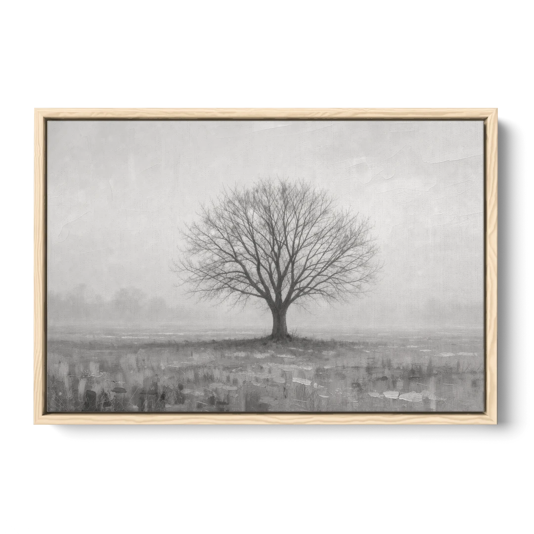 Minimalist Landscape Painting of a Lone Tree in Fog - Oak Framed Canvas Wall Art - Front