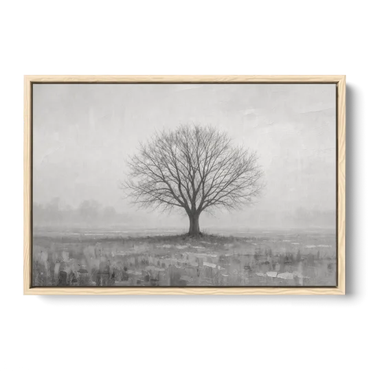 Minimalist Landscape Painting of a Lone Tree in Fog - Oak Framed Canvas Wall Art - Front