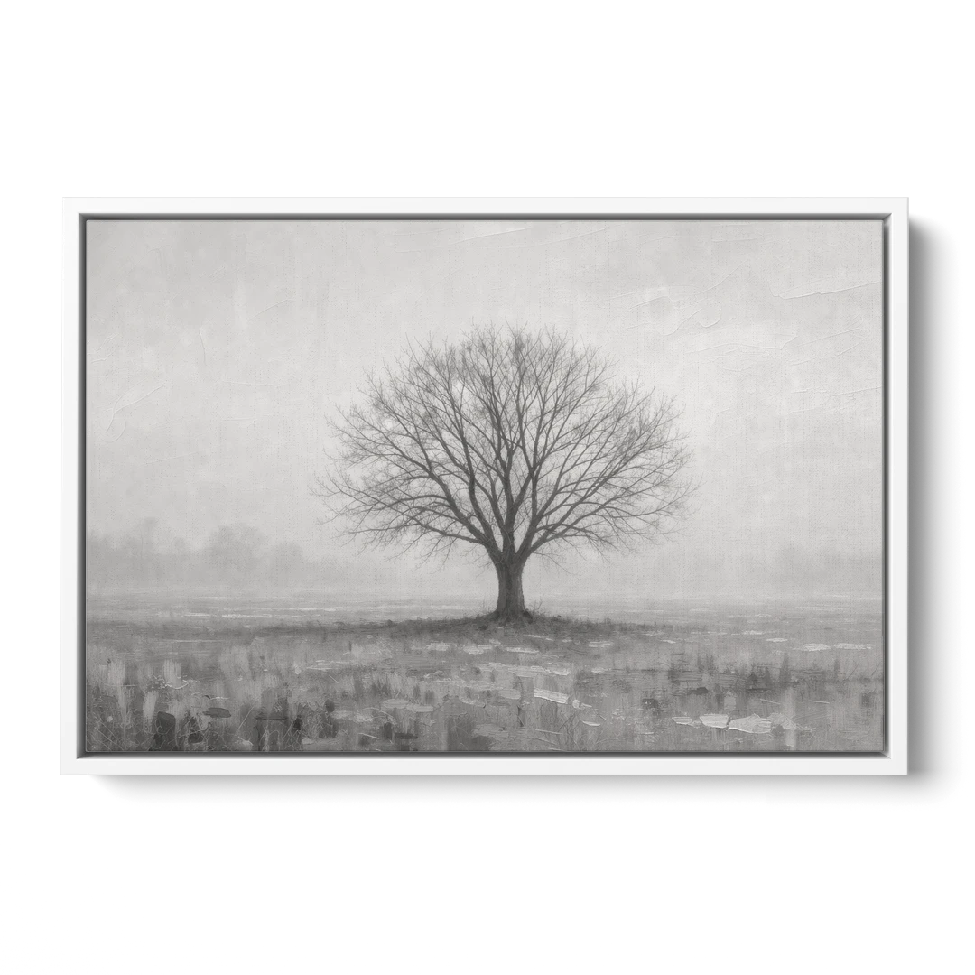 Minimalist Landscape Painting of a Lone Tree in Fog - White Framed Canvas Wall Art - Front