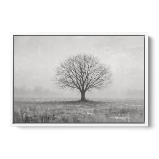 Minimalist Landscape Painting of a Lone Tree in Fog - White Framed Canvas Wall Art - Front