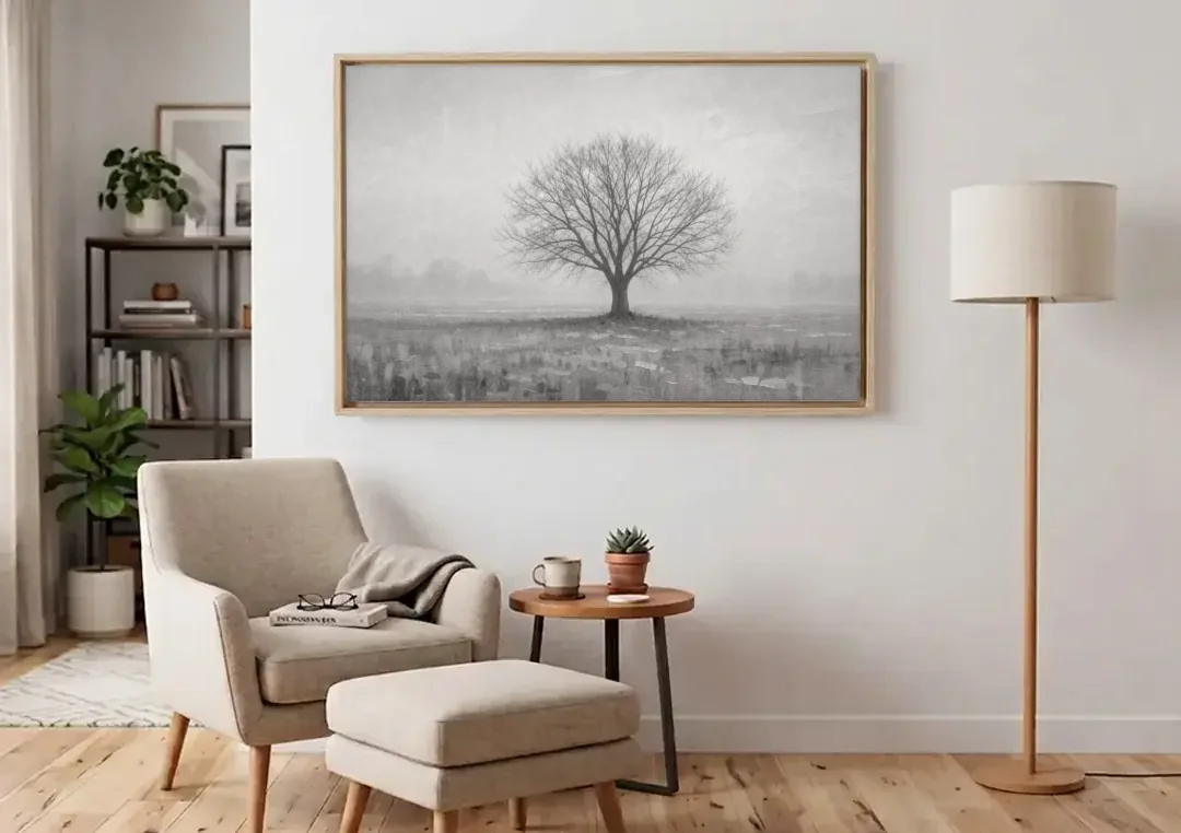 Minimalist Landscape Painting of a Lone Tree in Fog canvas wall art above an armchair in a bright living room