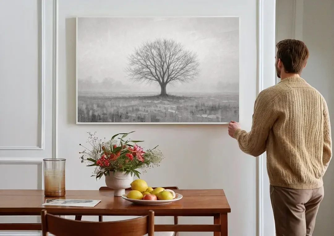 Minimalist Landscape Painting of a Lone Tree in Fog canvas wall art above a dining table