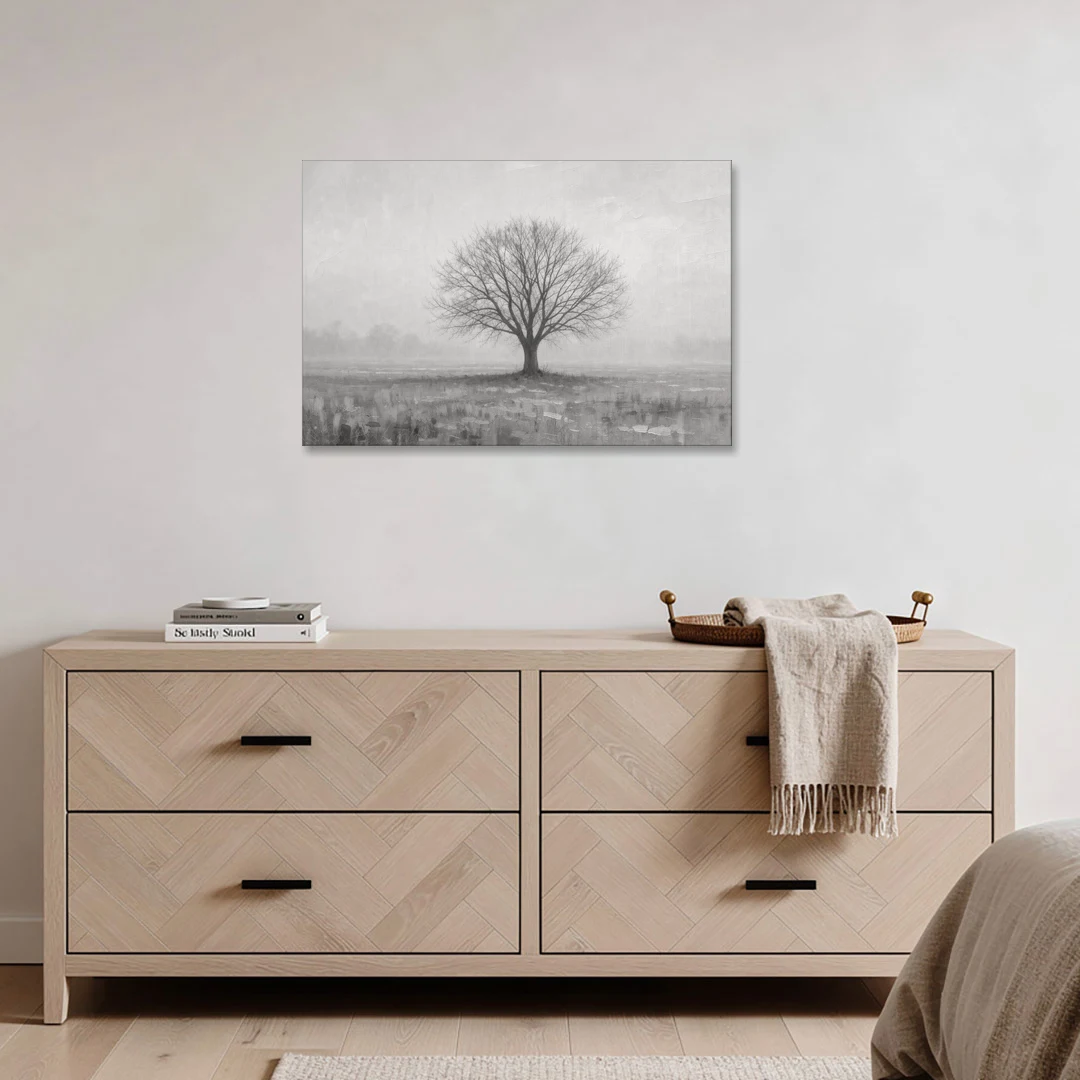 Minimalist Landscape Painting of a Lone Tree in Fog - Canvas Wall Art - Coffee Table - 36x24