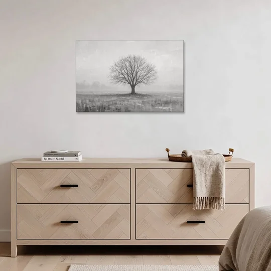 Minimalist Landscape Painting of a Lone Tree in Fog - Canvas Wall Art - Coffee Table - 36x24