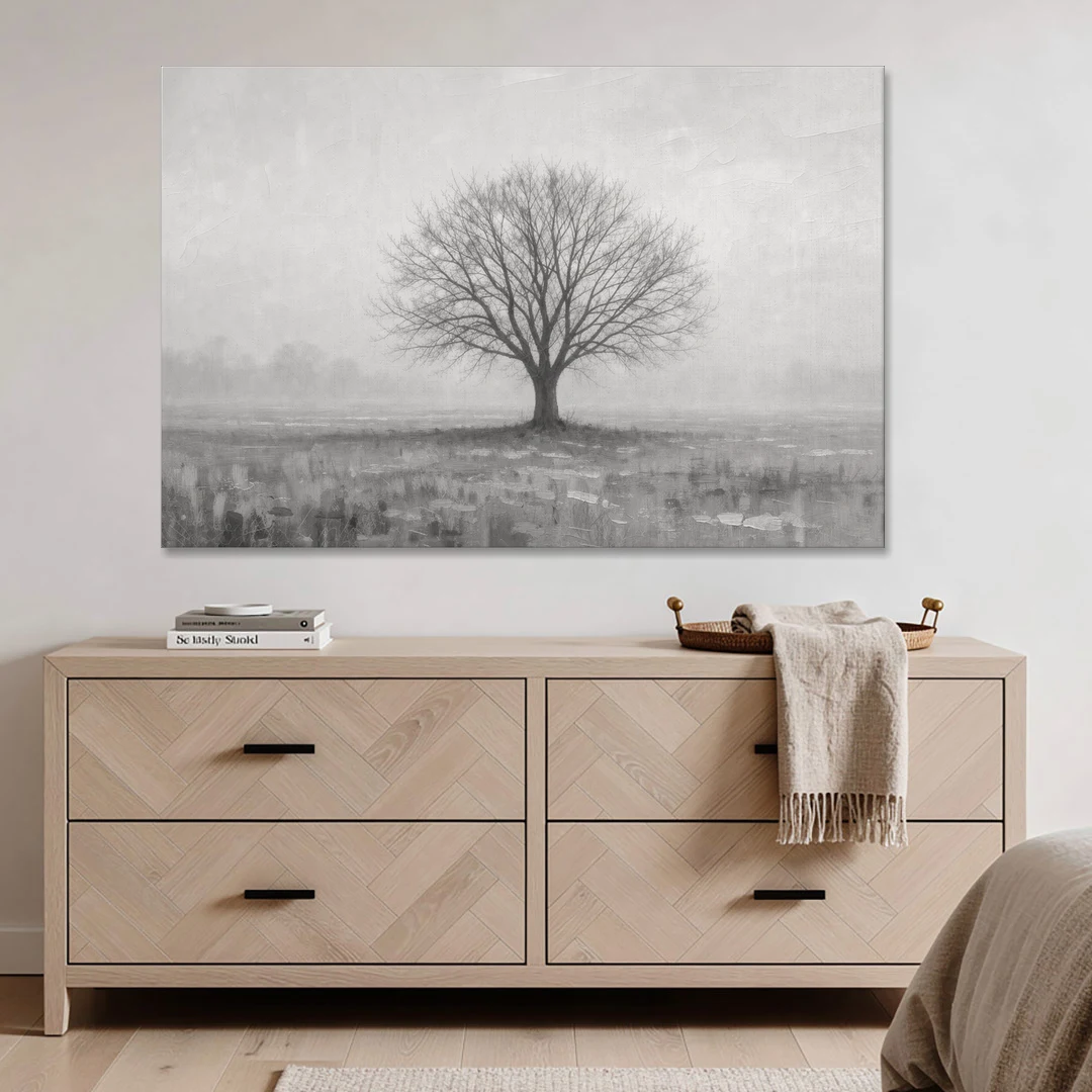 Minimalist Landscape Painting of a Lone Tree in Fog - Canvas Wall Art - Coffee Table - 60x40