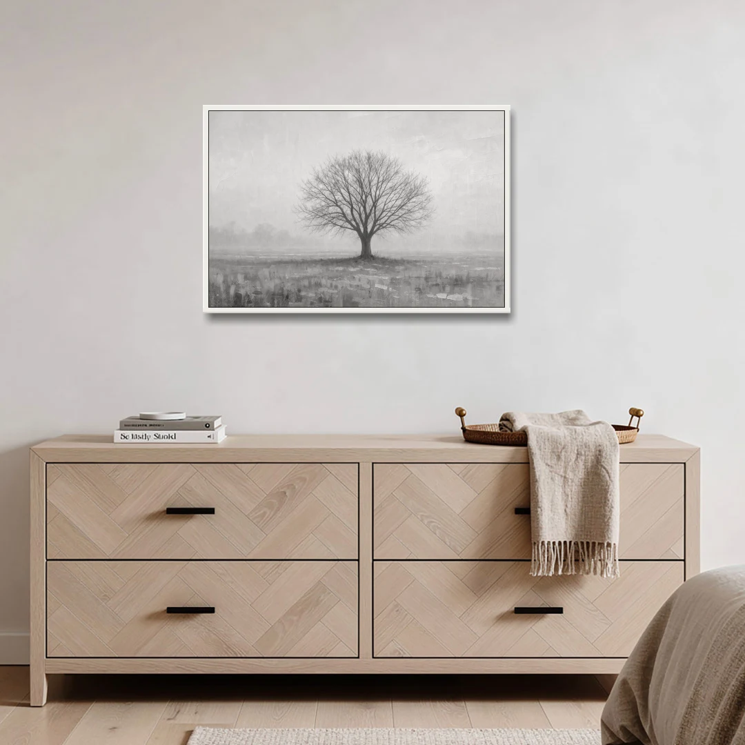 Minimalist Landscape Painting of a Lone Tree in Fog - White Framed Canvas Wall Art - Coffee Table - 36x24