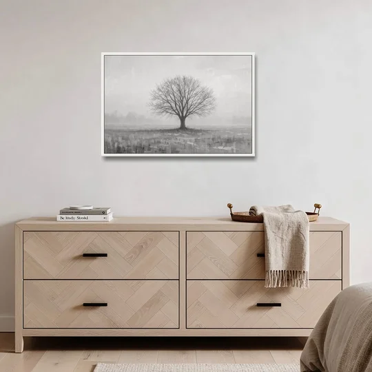 Minimalist Landscape Painting of a Lone Tree in Fog - White Framed Canvas Wall Art - Coffee Table - 36x24
